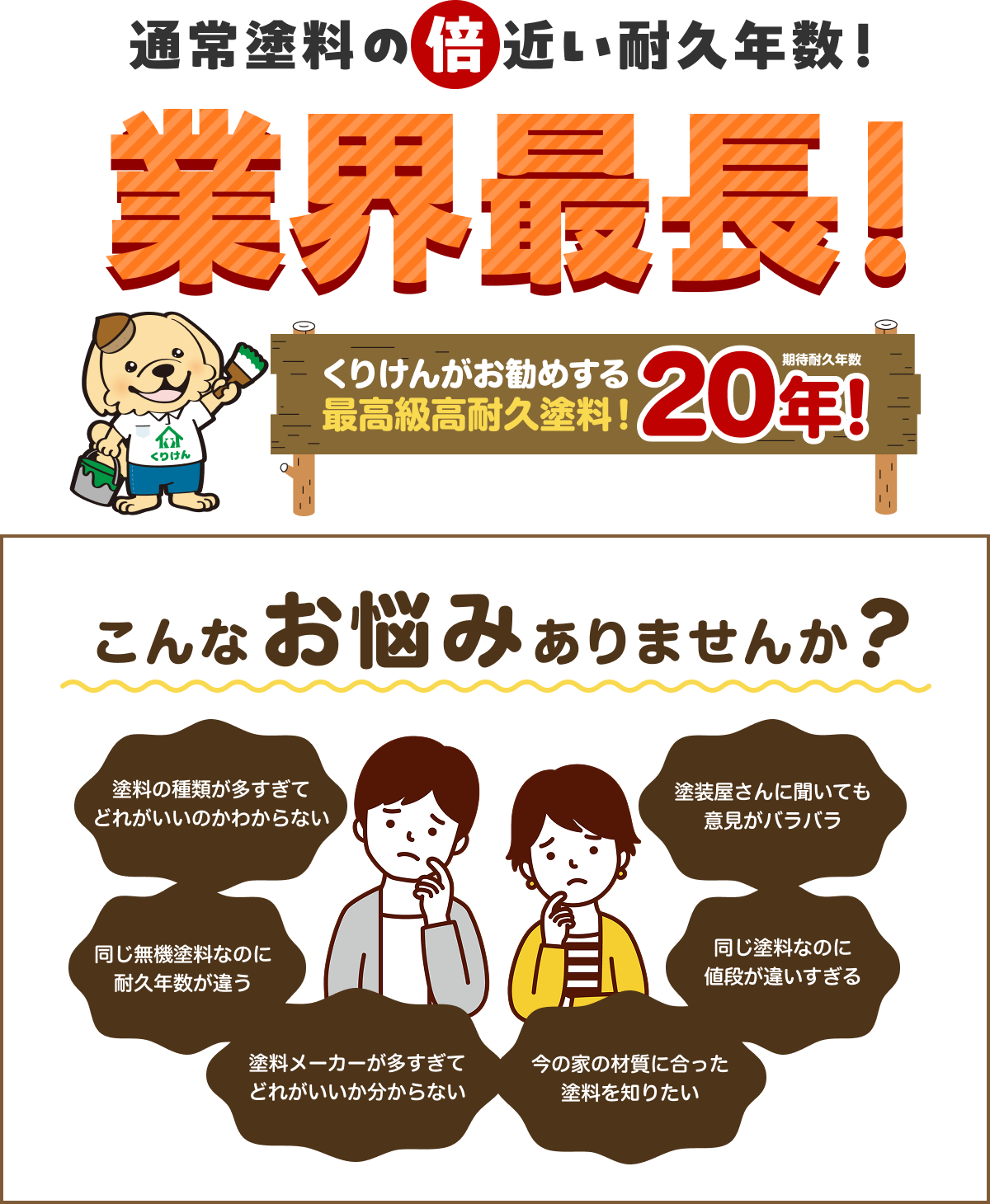 業界最長!通常塗料の倍近い耐久年数!くりけんがお勧めする最高級高耐久塗料20年!こんなお悩みありませんか?塗料の種類が多すぎてどれがいいのかわからない。塗装屋さんに聞いても意見がバラバラ。同じ無機塗料なのに耐久年数が違う。同じ塗料なのに値段が違いすぎる。塗料メーカーが多すぎてどれがいいかわからない。今の家の材質に合った塗料を知りたい